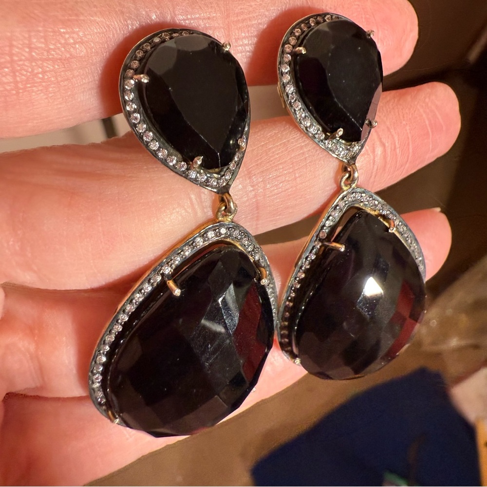 Sterling silver pear shape Black glass topaz halo oversized dangle earrings - Picture 8 of 15